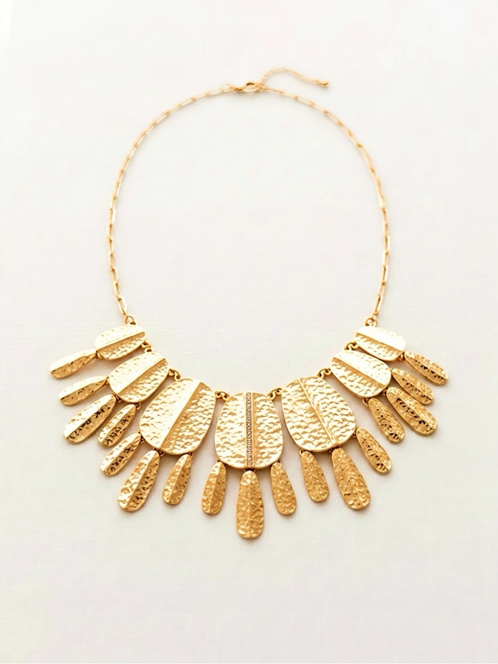 Gold Tone Statement Bib Necklace - Boho Glam Hammered Graduated Pendant Necklace